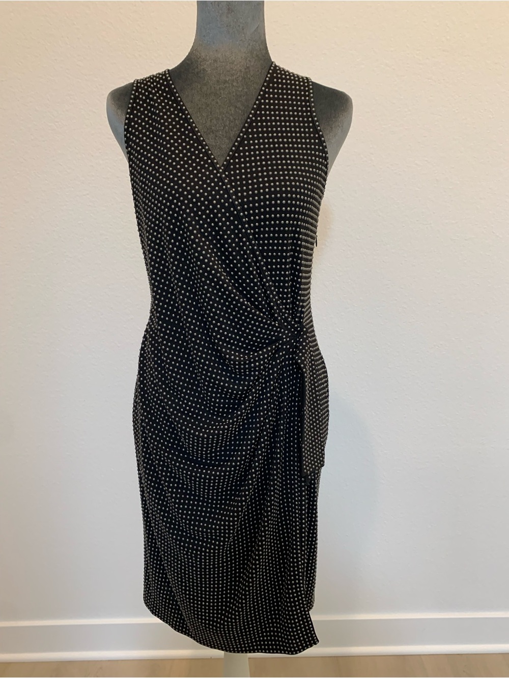 St. John Black and Silver Beaded Dot Faux-Wrap Dress
